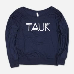 TAUK Logo Womens Navy Flowy Long Sleeve Shoulder T-Shirt