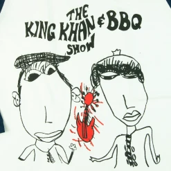 The King Khan & BBQ Show New Merch Red Guitar White & Navy Baseball Tee
