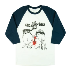 The King Khan & BBQ Show New Merch Red Guitar White & Navy Baseball Tee