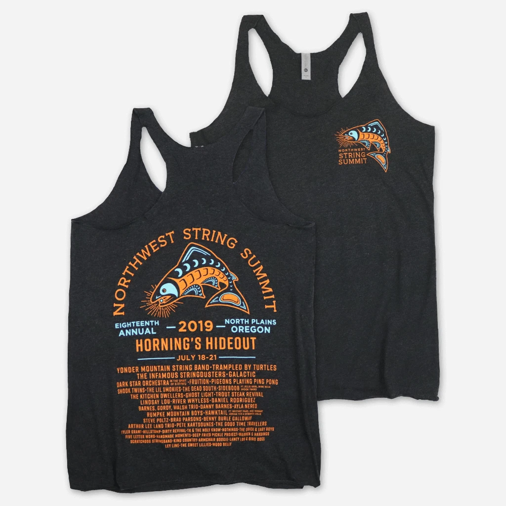 Northwest String Summit Salmon Women's Heather Black Tri-Blend Tank Top 1 Northwest String Summit Salmon Women's Heather Black Tri-Blend Tank Top