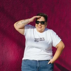 Autostraddle New Merch Who All’s Gay Here White Tee